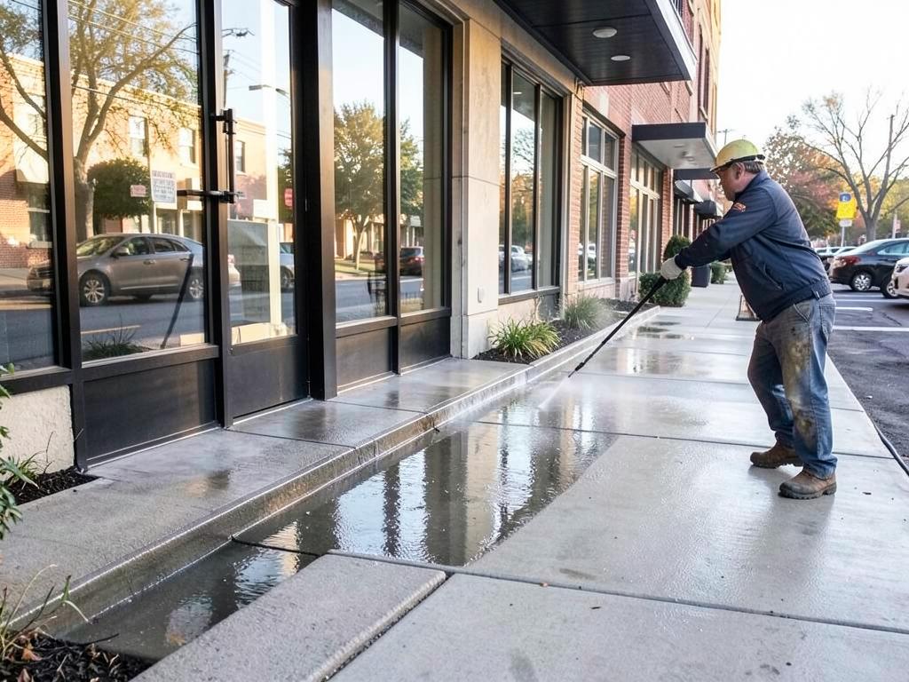 Worker pressure washing a commercial storefront sidewalk in the early morning