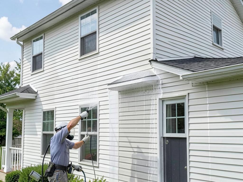 Technician soft washing the siding of a two-story house in Boulder, CO