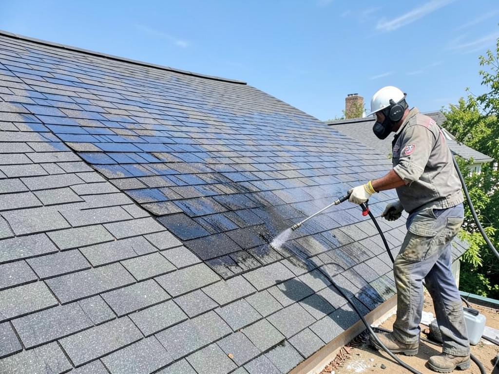 Roof soft washing removing black algae streaks from asphalt shingles